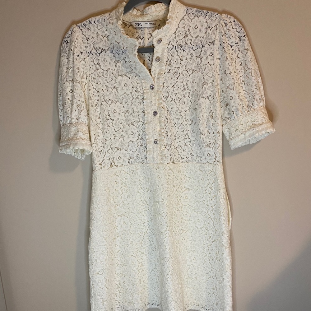 Zara White Button Down Lace Dress Small